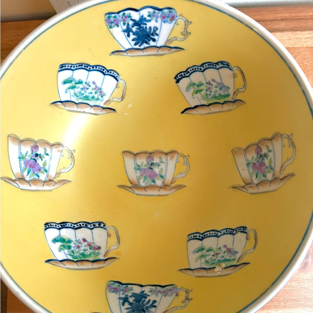 Vintage Chinese Pale Yellow Hand Painted Teacup Bowl, 10” - Picture 4 of 10